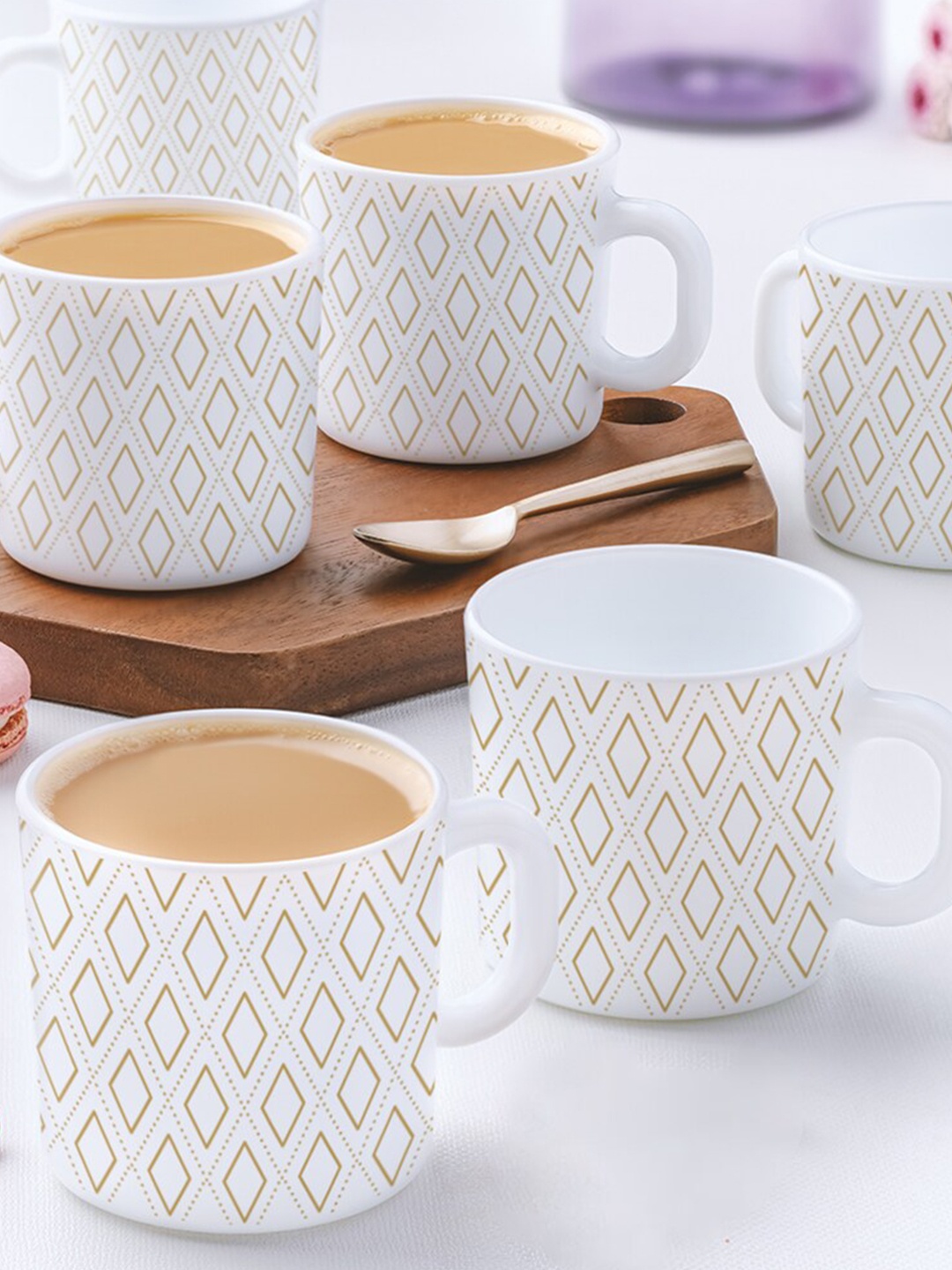 

Larah by BOROSIL White & Beige 12 Pcs Geometric Printed Opalware Matte Mugs - 180 ML Each