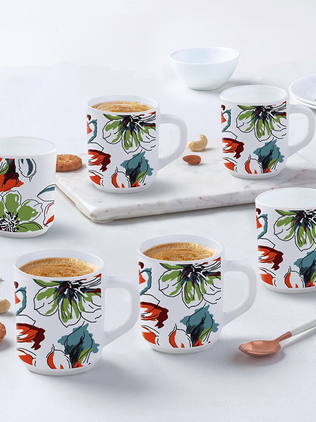 

Larah by BOROSIL Bali White & Green 6 Pieces Floral Printed Opalware Matte Mugs 250ml Each