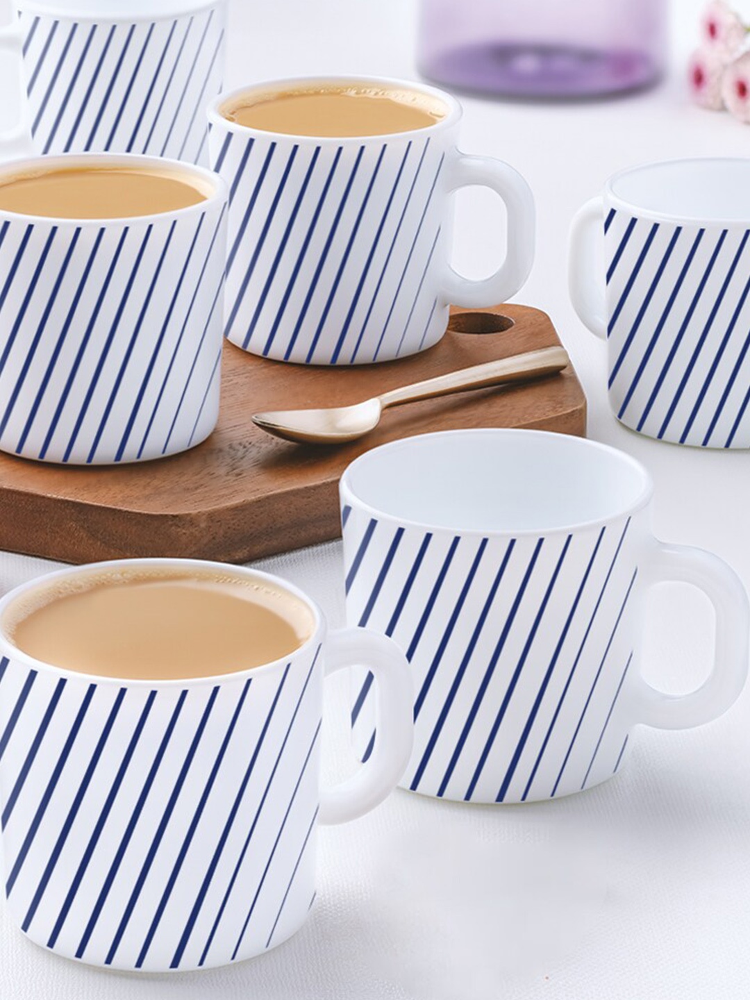 

Larah by BOROSIL White & Navy Blue 12 Pieces Printed Opalware Matte Mugs 180ml Each