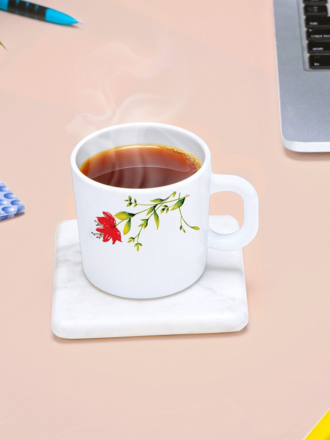 

Larah by BOROSIL White & Red 6 Pcs Floral Printed Opalware Matte Mugs - 180 ML Each