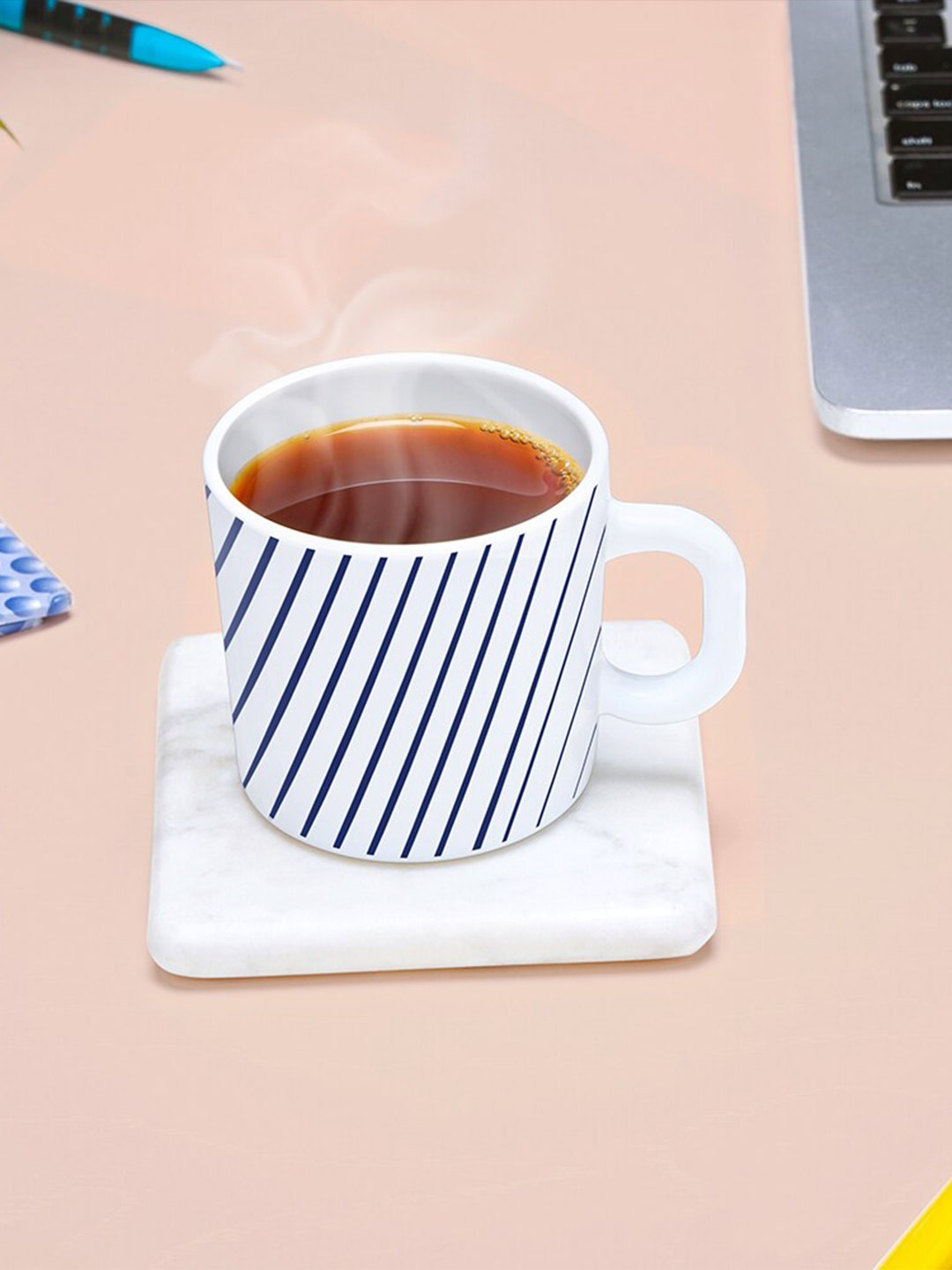 

Larah by BOROSIL White & Navy Blue 6 Pieces Printed Opalware Matte Mugs - 180 ML Each