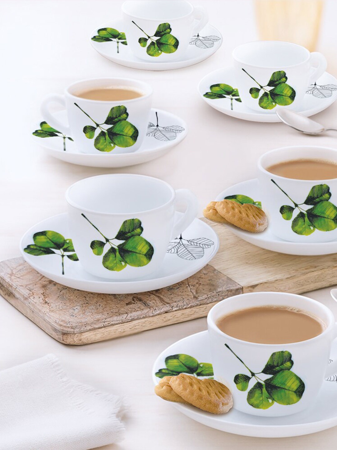 

Larah by BOROSIL White12 Pcs Floral Printed Opalware Matte Cups And Saucers - 140 ML Each, White