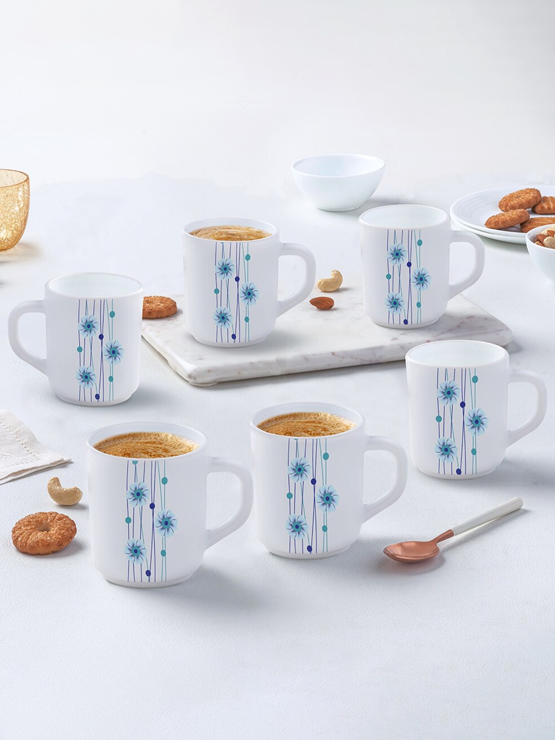 

Larah by BOROSIL White & Blue 6 Pcs Floral Printed Opalware Glossy Mugs - 250 ML Each