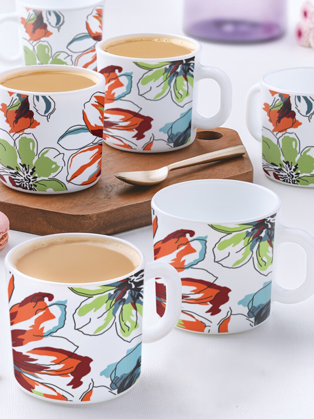 

Larah by BOROSIL White & Red 6 Pcs Floral Printed Opalware Glossy Mugs - 180 ML Each