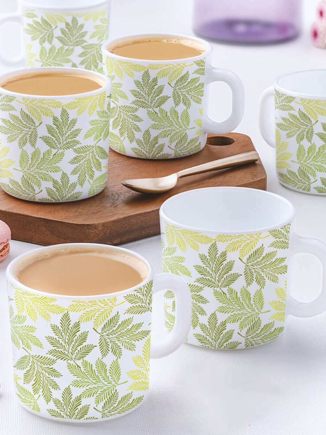 

Larah by BOROSIL White & Green 12 Pcs Floral Printed Opalware Matte Mugs-180 ML Each
