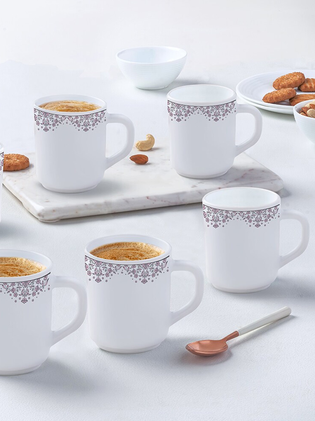 

Larah by BOROSIL Lark White & Pink 6 Pieces Printed Opalware Glossy Mugs 250 ml Each