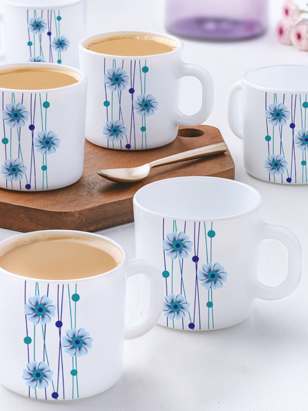 

Larah by BOROSIL White & Blue 12 Pieces Floral Printed Opalware Glossy Mugs 180 ML Each