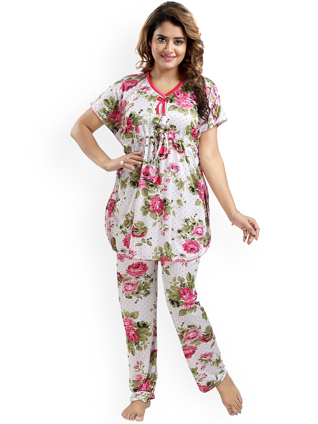 

FOMTI Floral Printed Satin Night suit, White