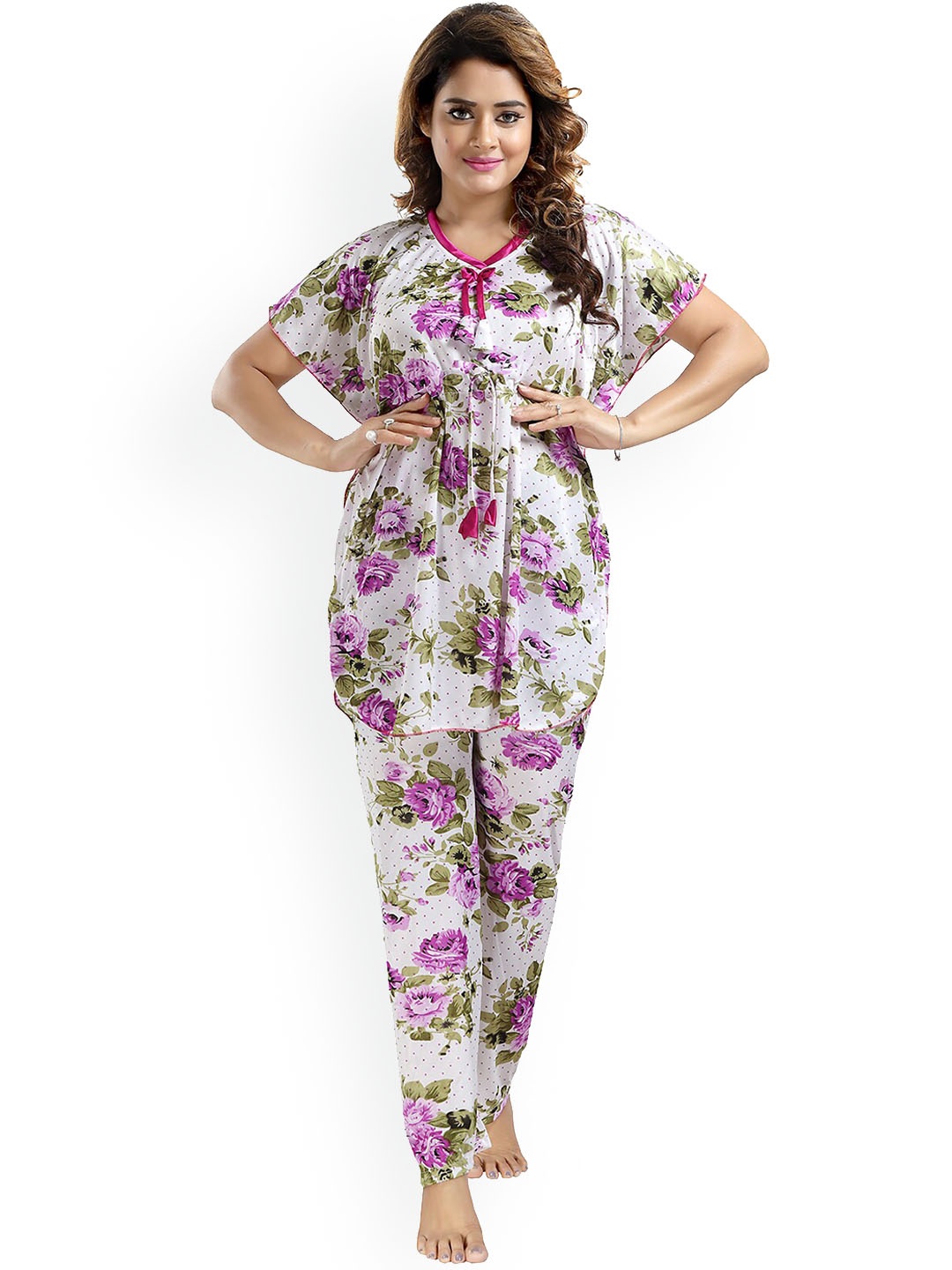 

FOMTI Floral Printed Satin Night suit, Purple