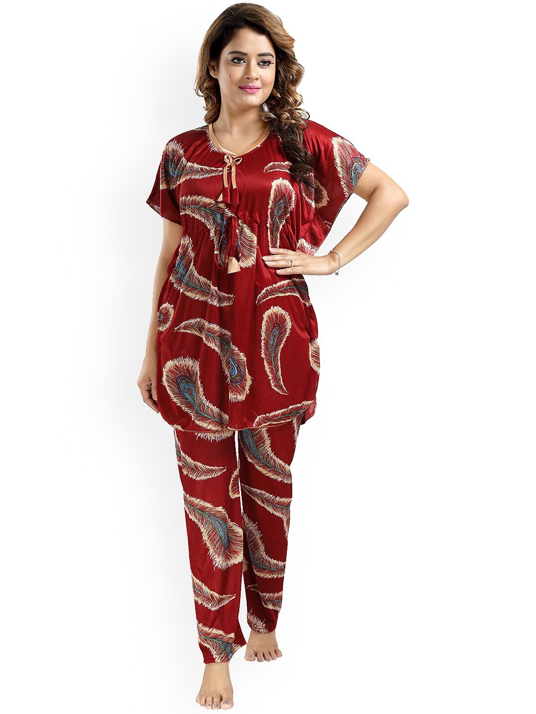 

FOMTI Conversational Printed Satin Night suit, Maroon