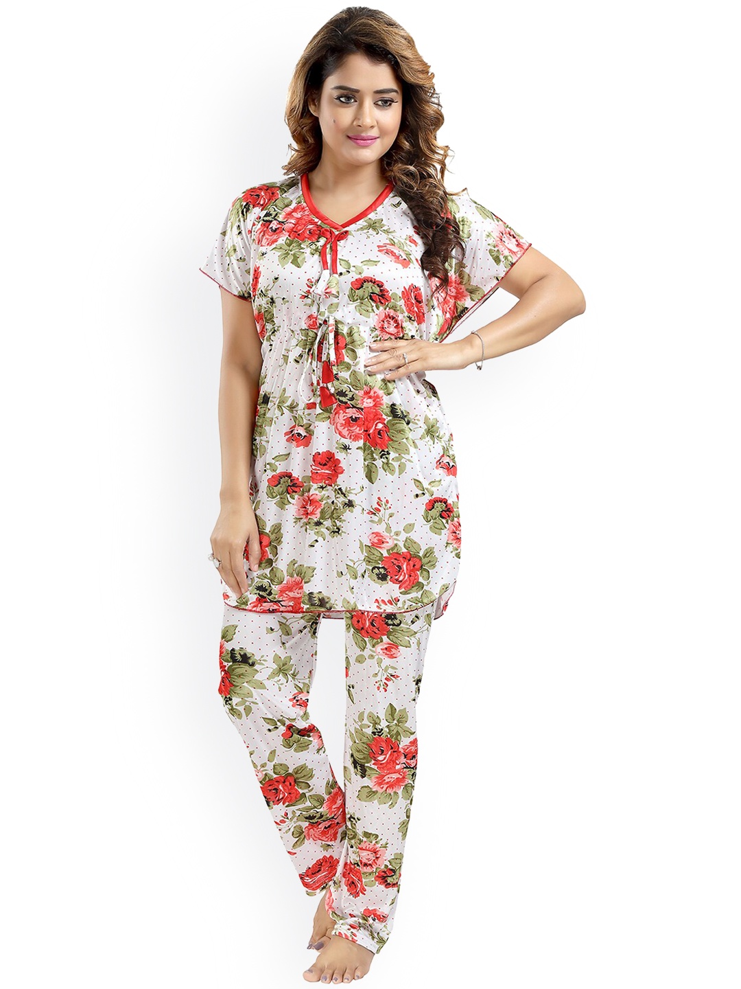 

FOMTI Floral Printed Satin Kaftan Night suit, Red