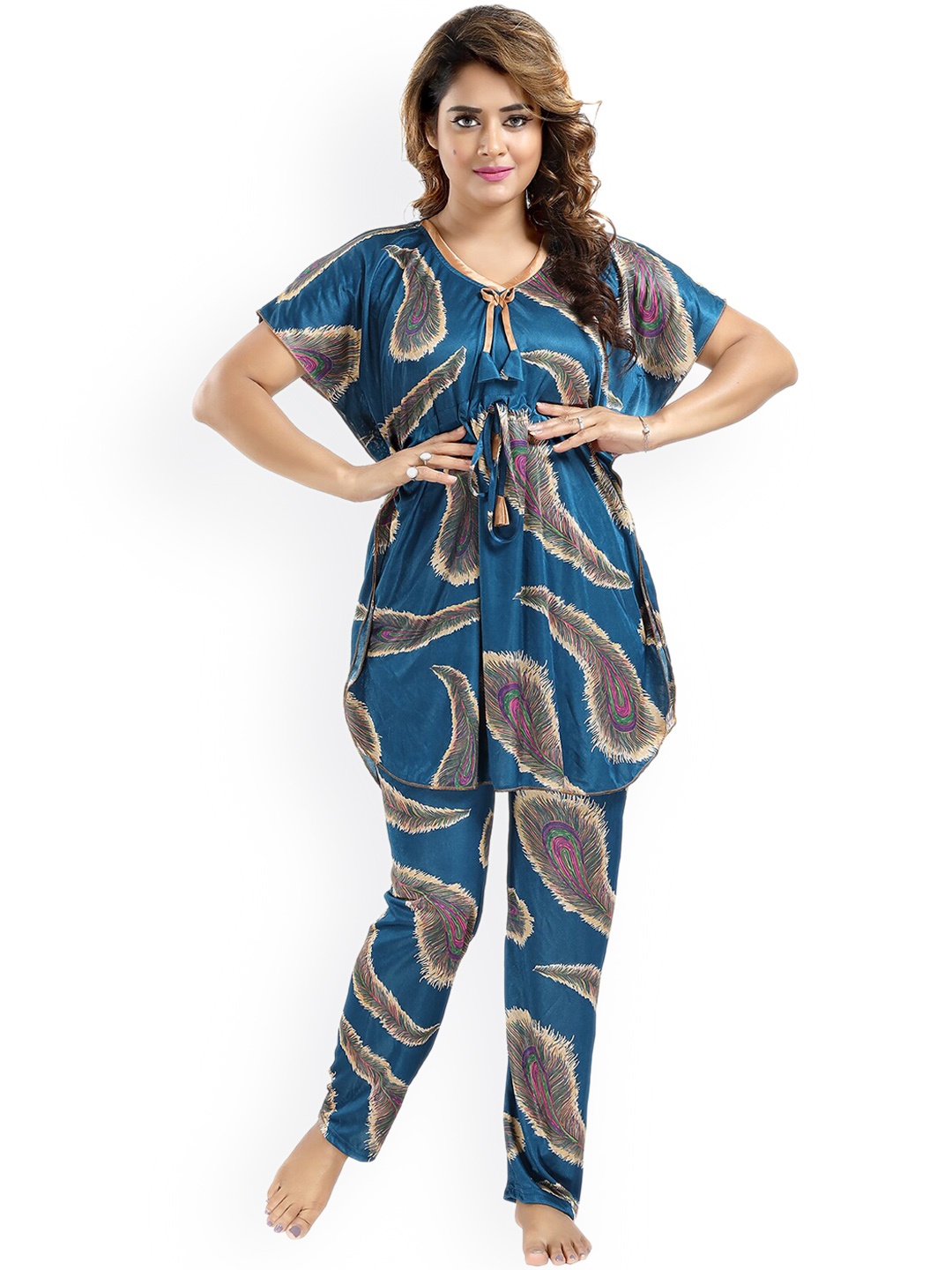 

FOMTI Floral Printed Satin Kaftan Night suit, Blue