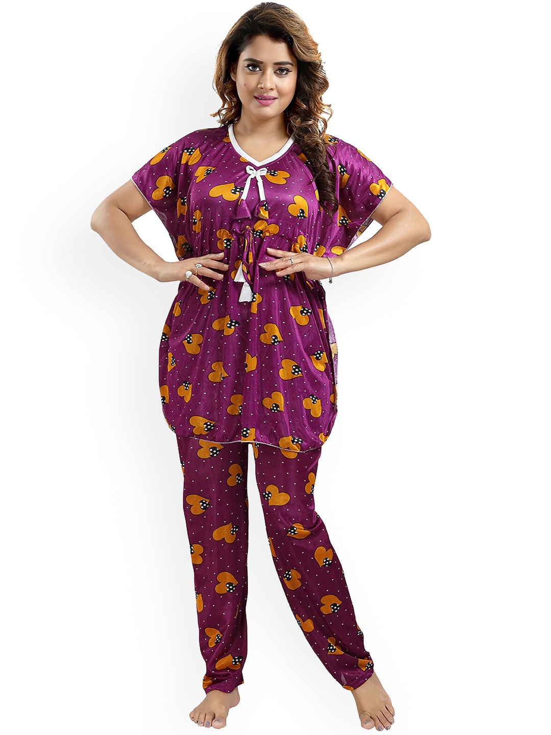 

FOMTI Geometric Printed Round Neck Short Sleeves Satin Kaftan & Pajama, Purple