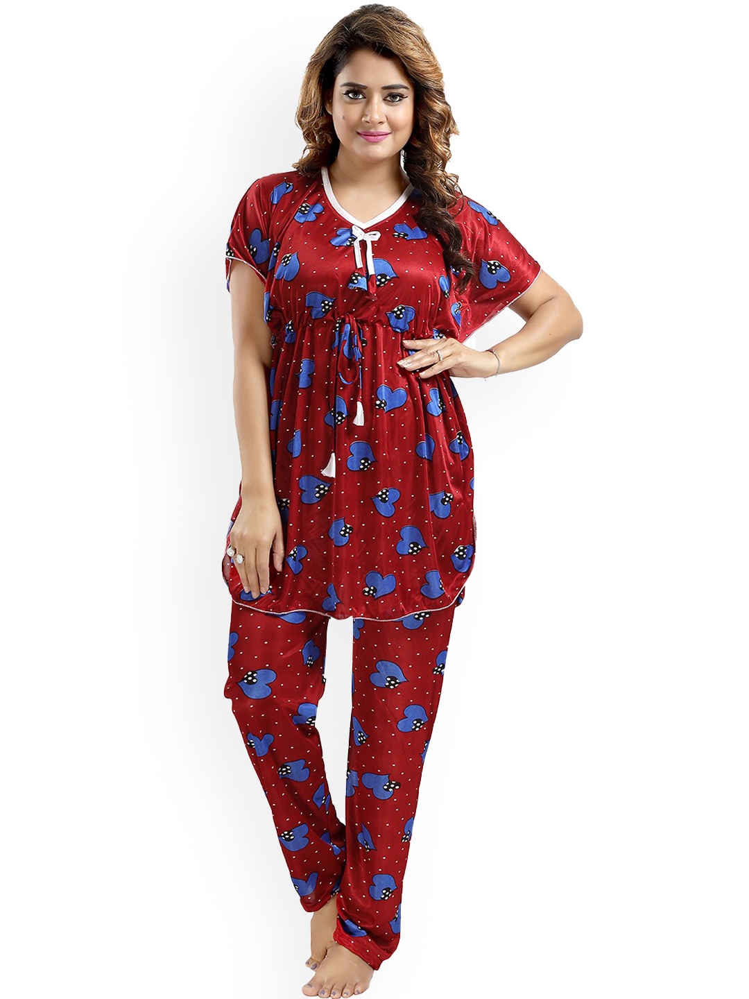 

FOMTI Conversational Printed Satin Night suit, Maroon