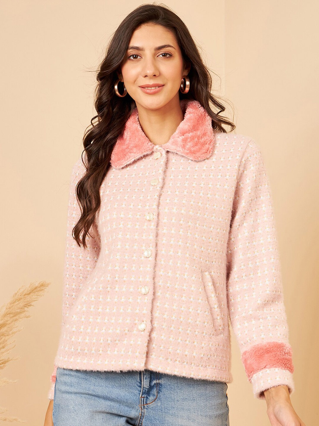 

Modeve Boucle Self Design Fuzzy Acrylic Cardigan, Pink