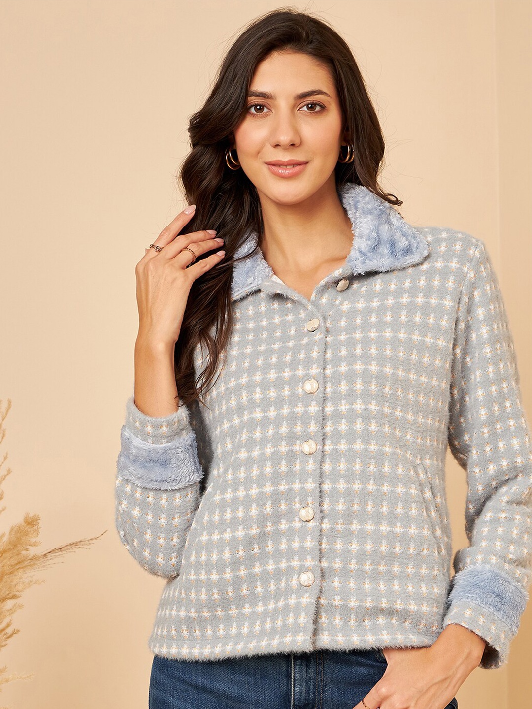 

Modeve Boucle Self Design Fuzzy Acrylic Cardigan, Blue