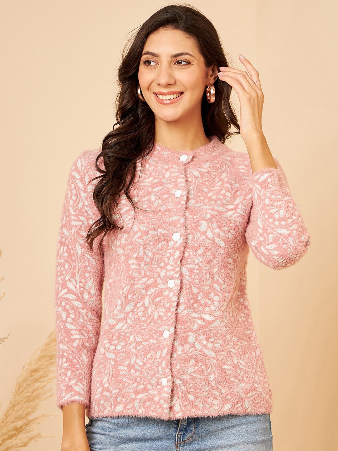 

Modeve Floral Self Design Acrylic Cardigan, Pink
