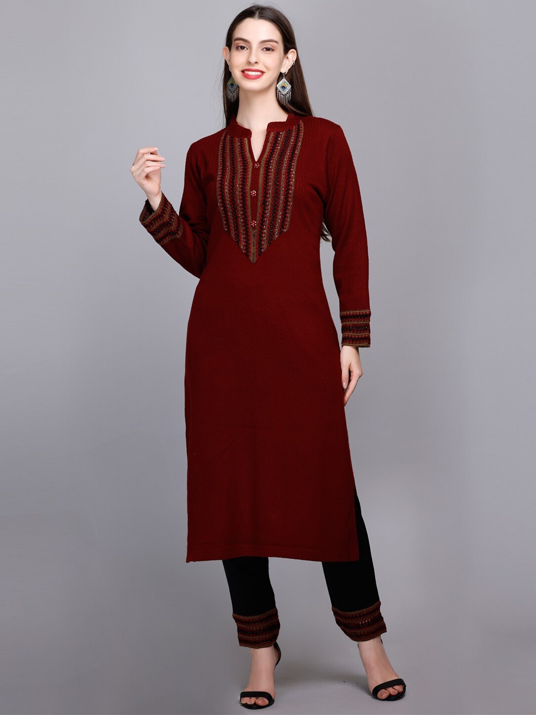 

VELVTINE Striped Yoke Design Thread Work Pure Wool Kurta With Trousers & Dupatta, Maroon