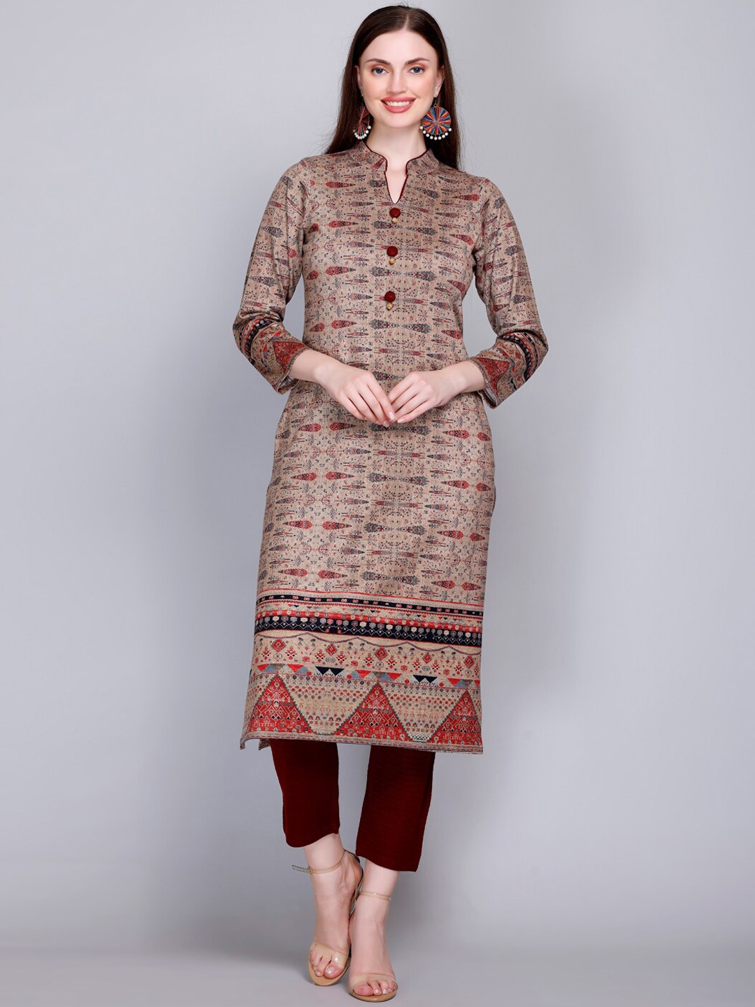 

VELVTINE Ethnic Motifs Regular Pure Wool Kurta with Trousers, Beige