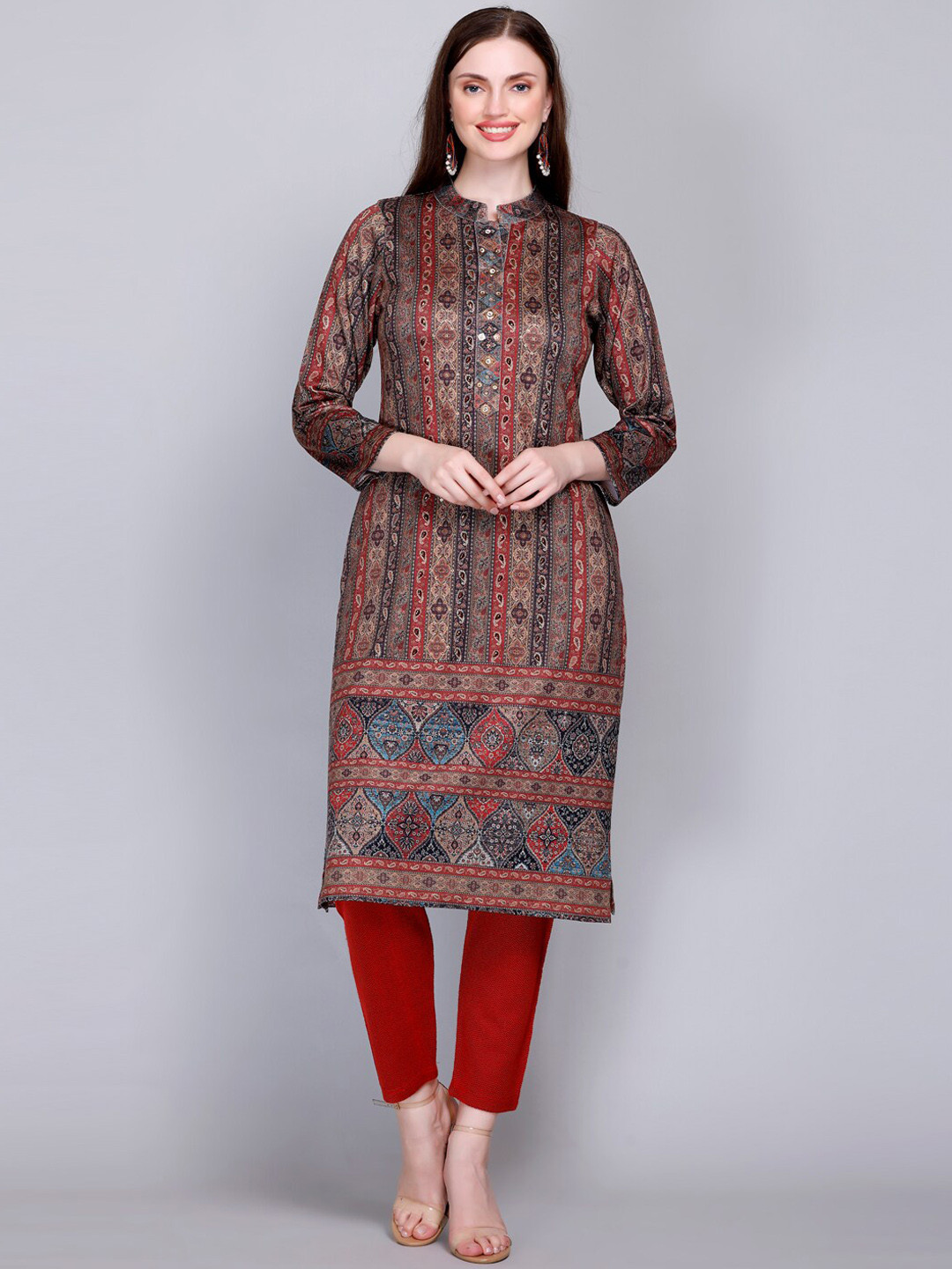 

VELVTINE Ethnic Motifs Printed Regular Pure Wool Kurta with Trousers, Red