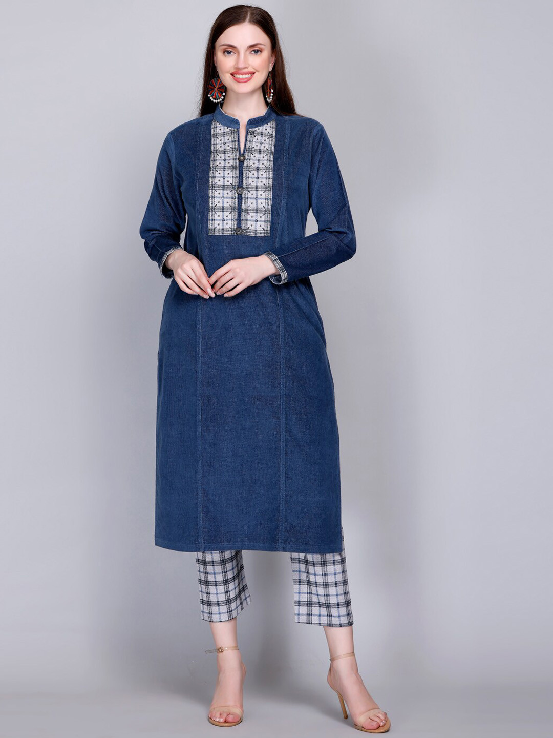 

VELVTINE Yoke Design Regular Pure Wool Kurta With Trousers, Blue