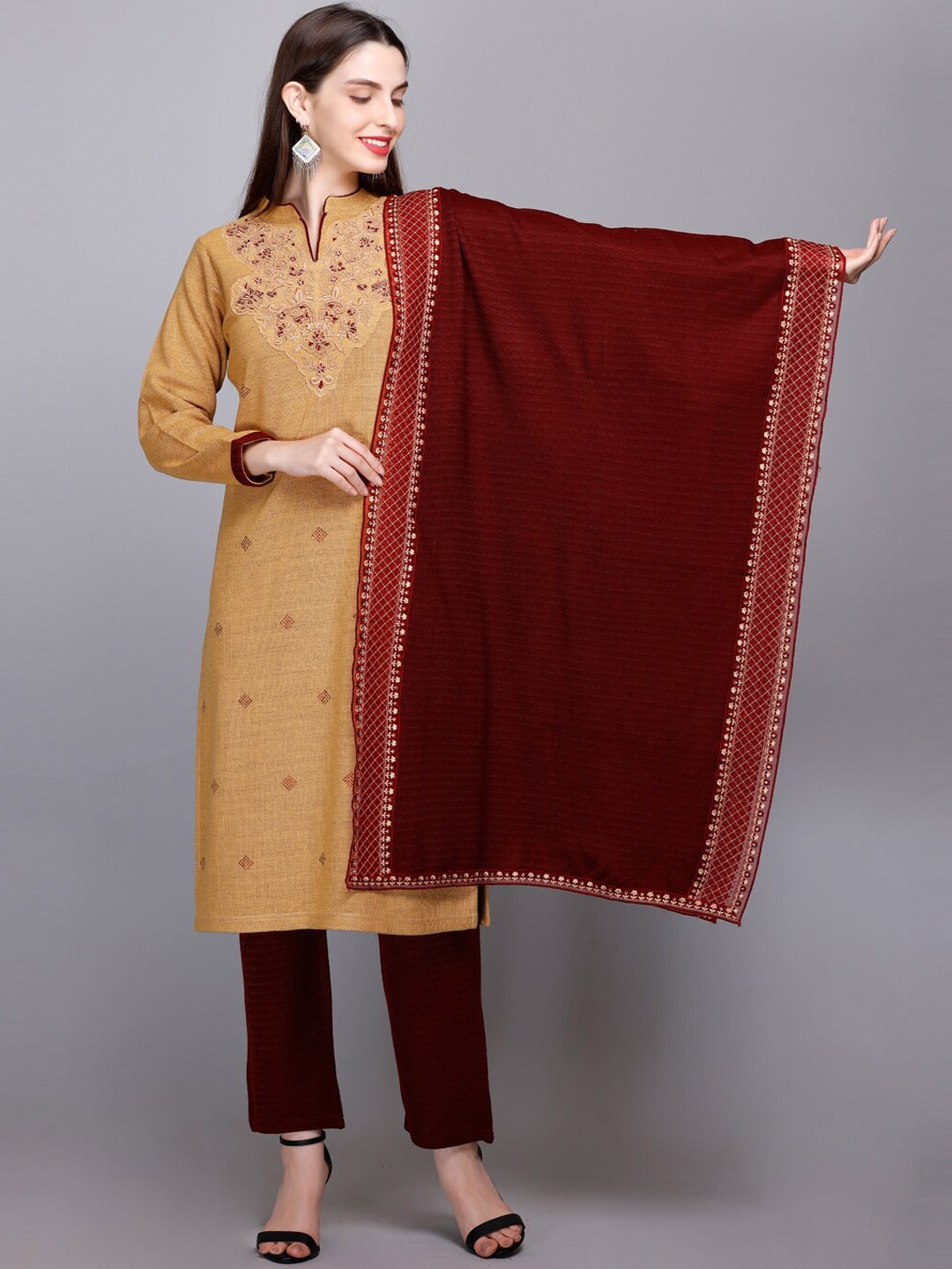 

VELVTINE Floral Yoke Design Pure Wool Kurta with Trousers & With Dupatta, Yellow