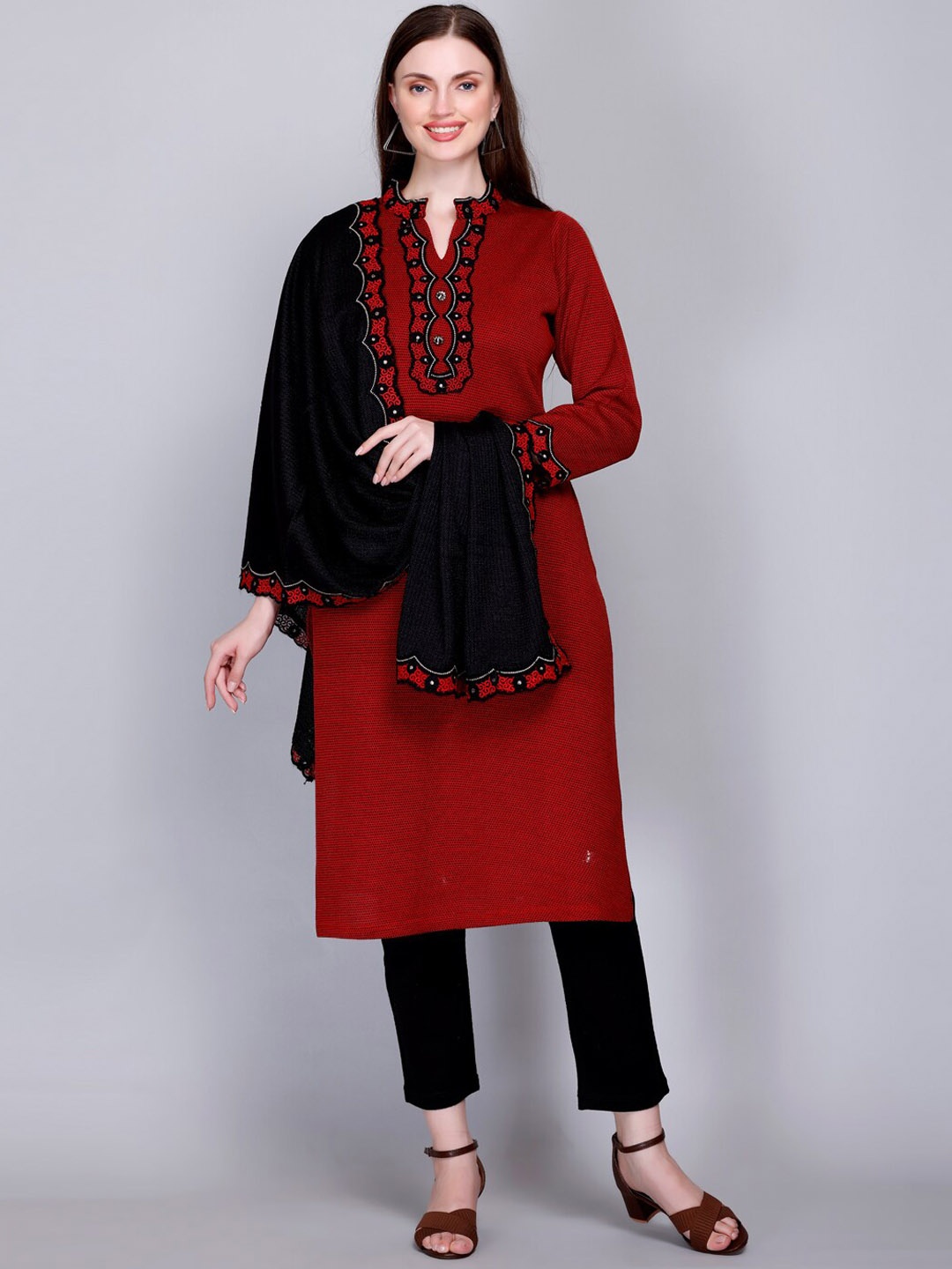 

VELVTINE Yoke Design Regular Pure Wool Kurta With Trousers & Dupatta, Red
