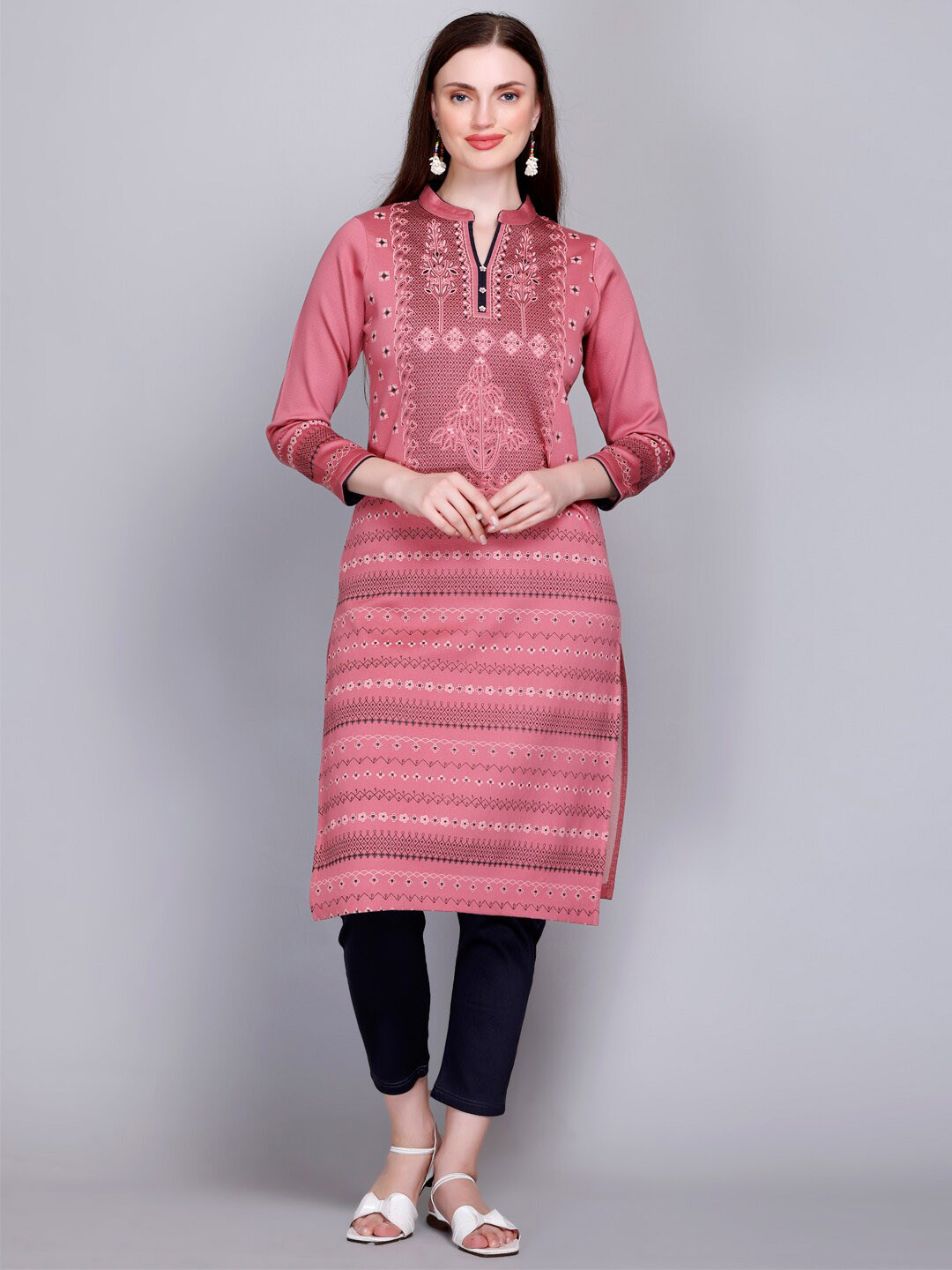 

VELVTINE Floral Printed Regular Pure Wool Kurta With Trousers, Peach
