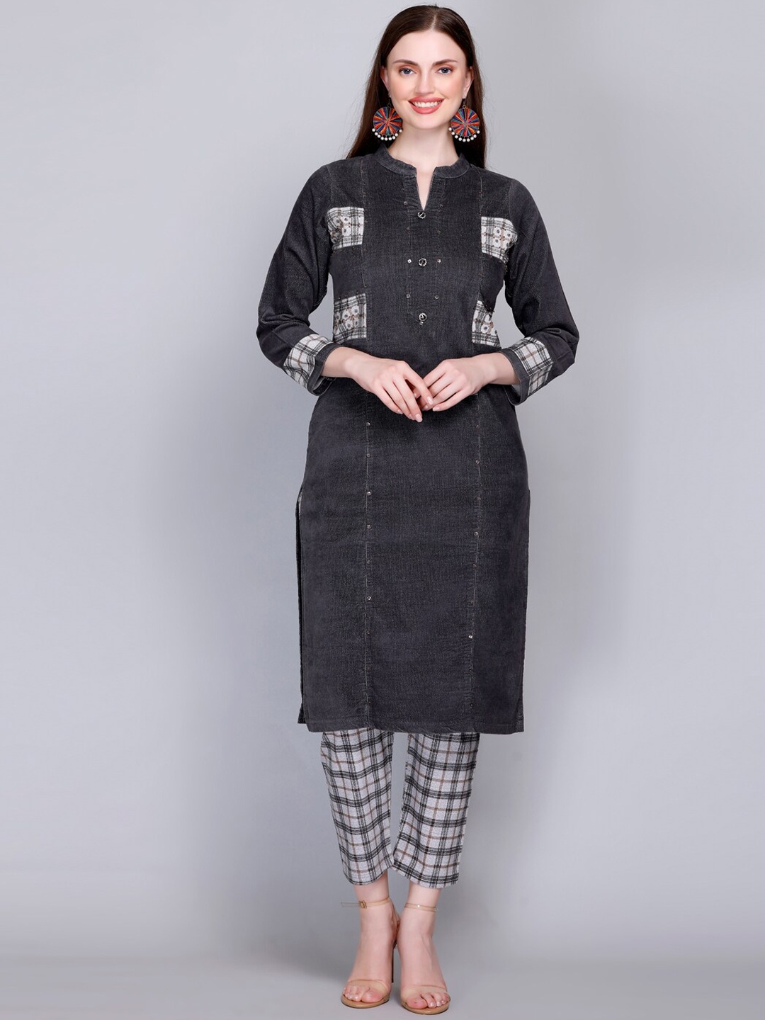 

VELVTINE Pure Wool Kurta With Trousers, Grey