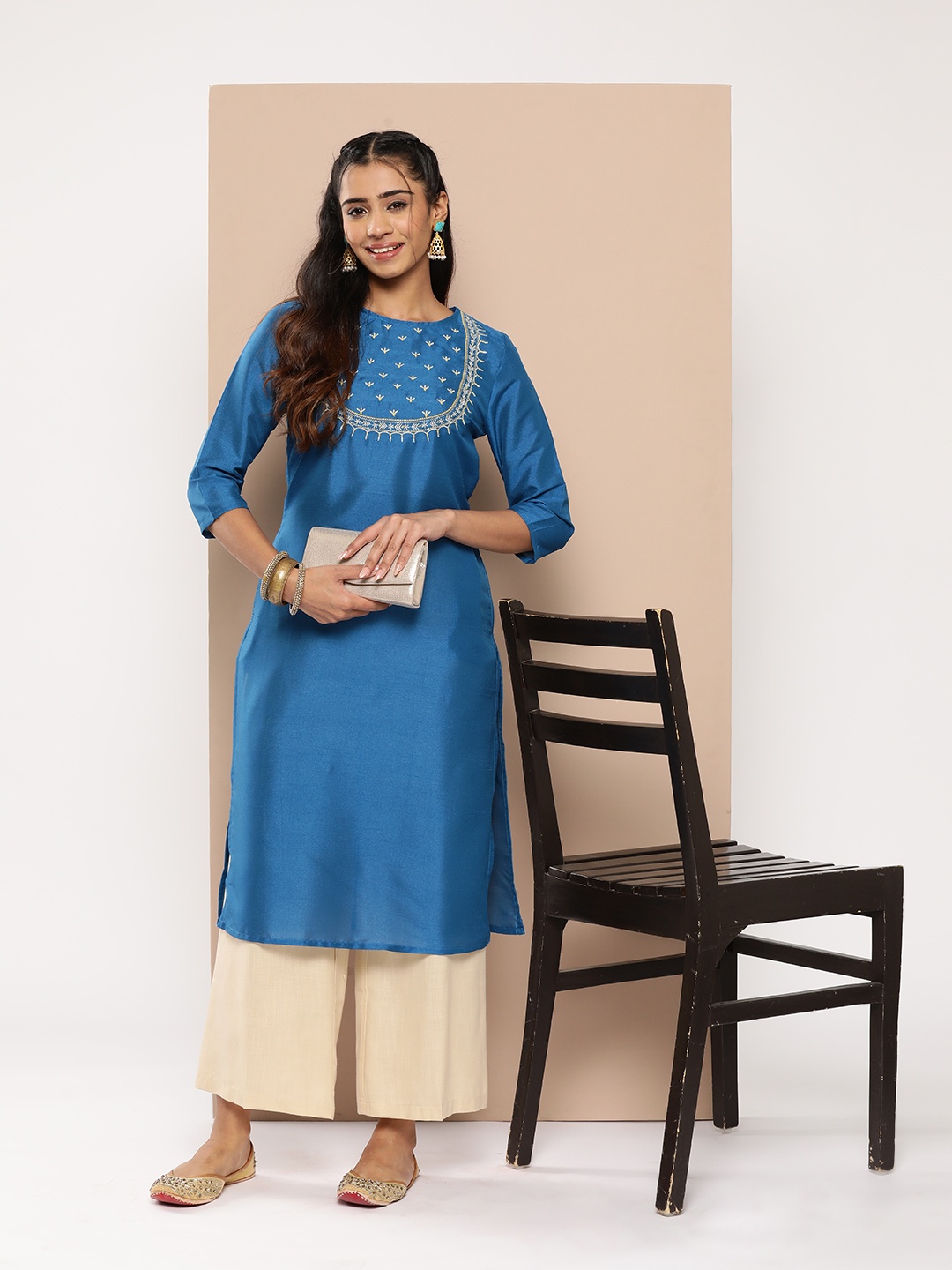 

HERE&NOW Embroidered Thread Work Kurta, Blue