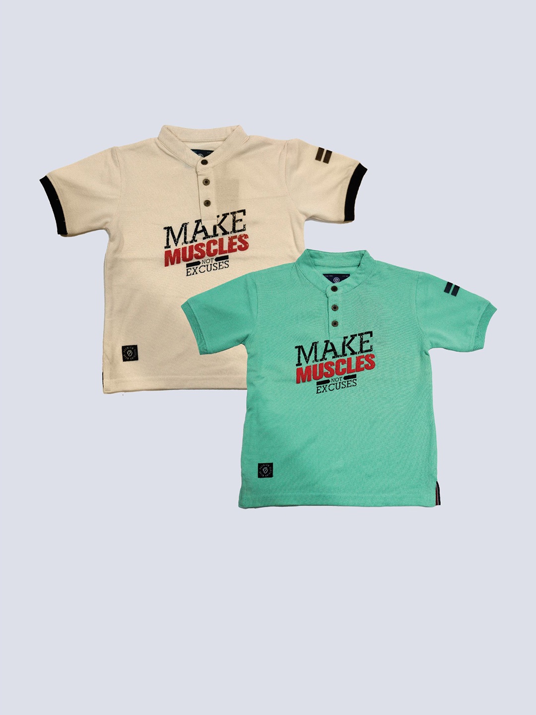 BAESD Boys Pack Of 2 Typography Printed Henley Neck Cotton T-shirt, Beige