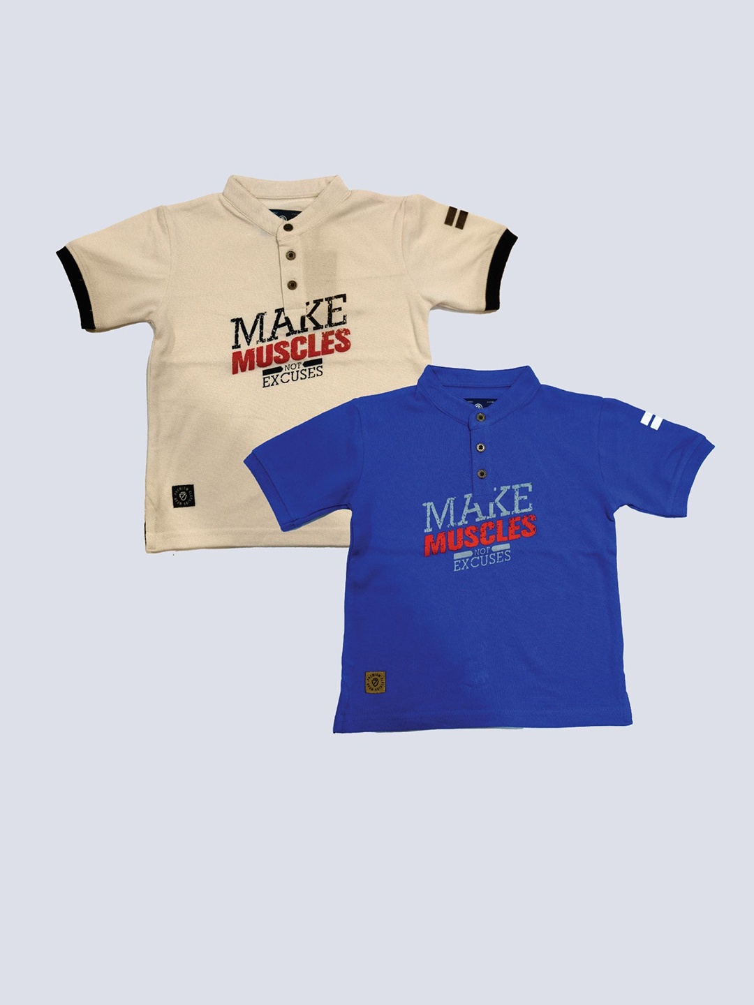 BAESD Boys Pack Of 2 Typography Printed Henley Neck Cotton T-shirt, Beige