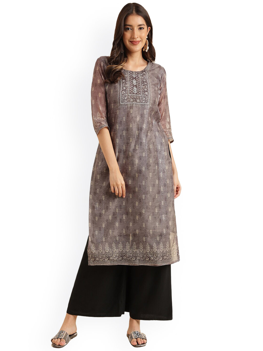 

KALINI Women Grey Embellished Keyhole Neck Kurta