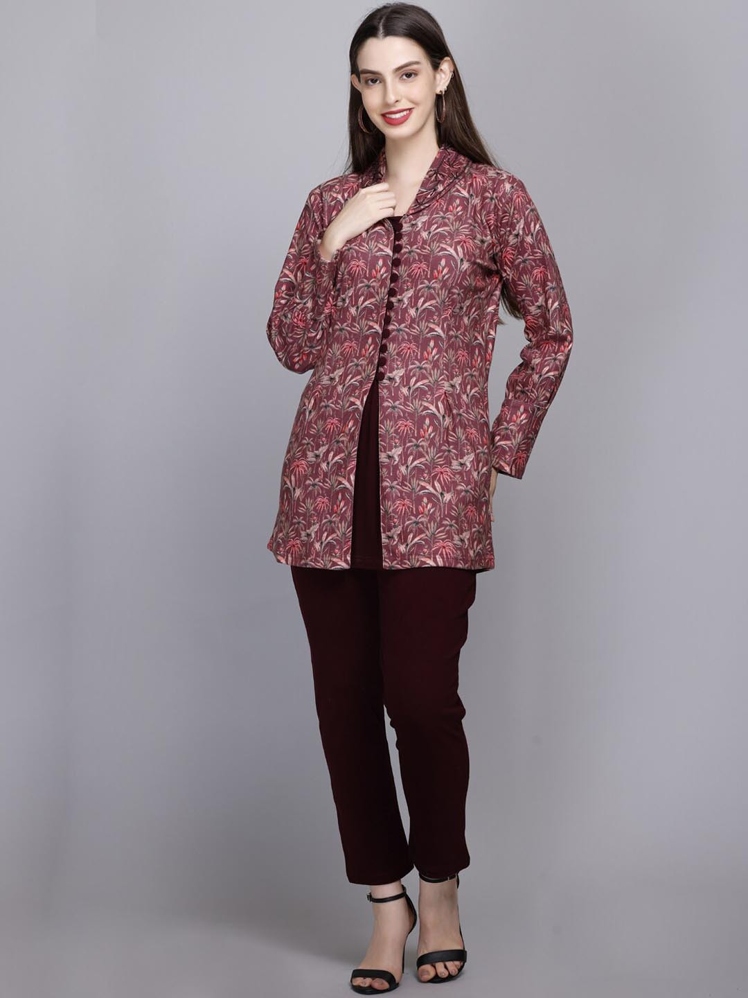 

VELVTINE Floral Printed Pure Woollen Co-Ord Set, Red