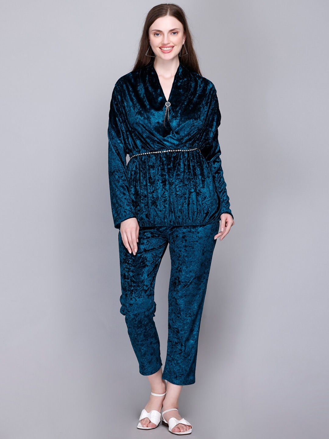 

VELVTINE Pure Woollen Top With Trouser Set, Blue