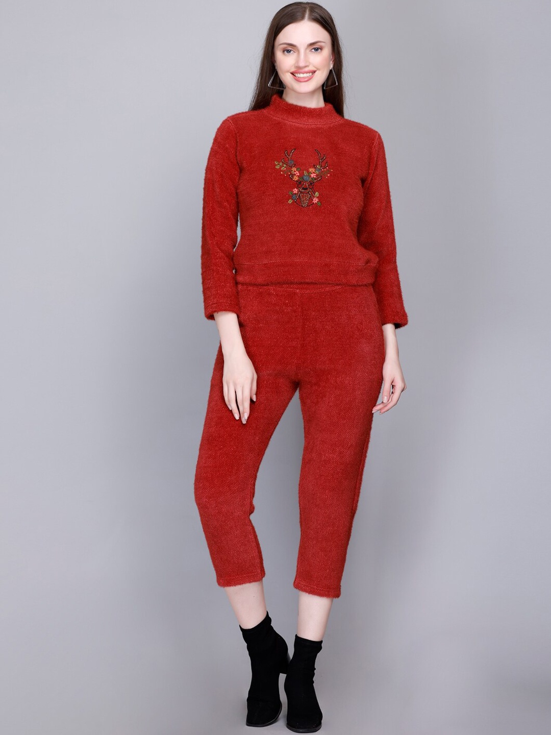

VELVTINE Pure Woollen Top With Trouser Set, Red