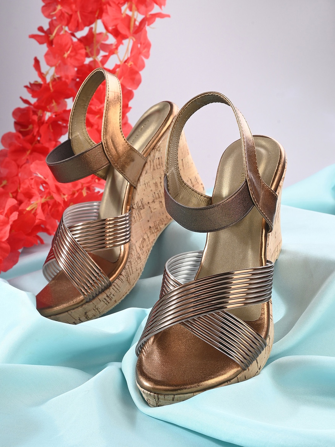 

CLOG LONDON Striped Cross Strap Wedge Heels, Copper