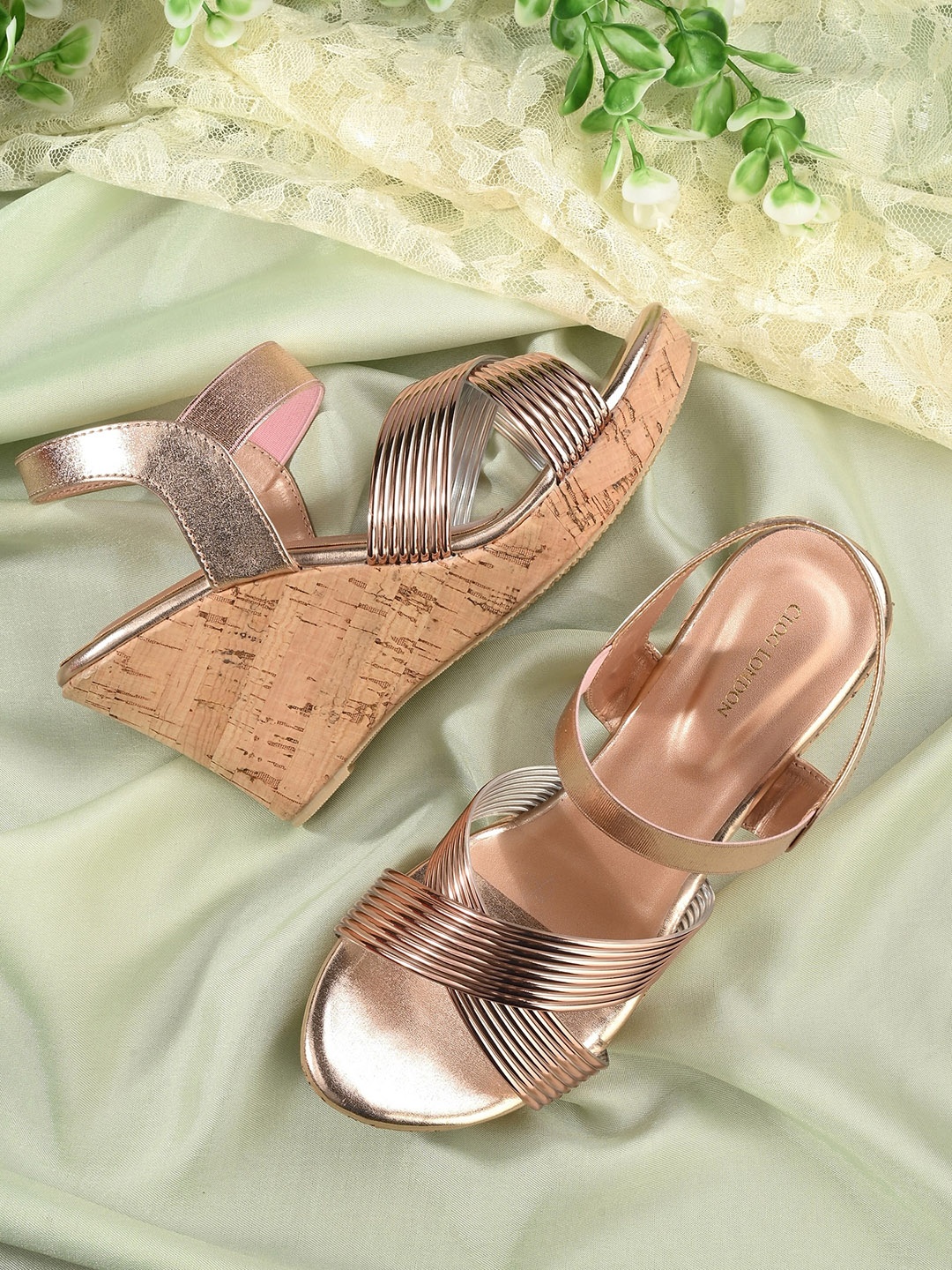 

CLOG LONDON Striped Cross Strap Wedge Heels, Rose gold