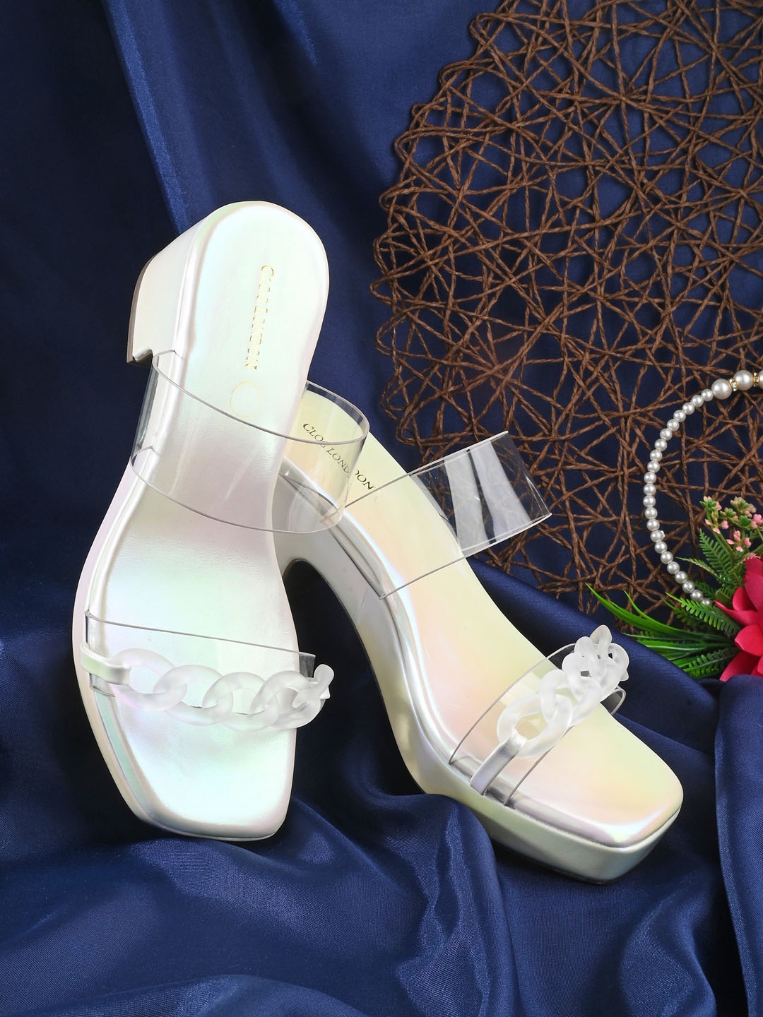 

CLOG LONDON Embellished Open Toe Platform Heels, White