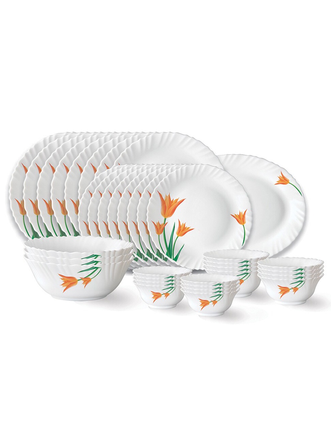 

Larah by BOROSIL 36 Pieces White & Orange Printed Opalware Matte Dinner Set