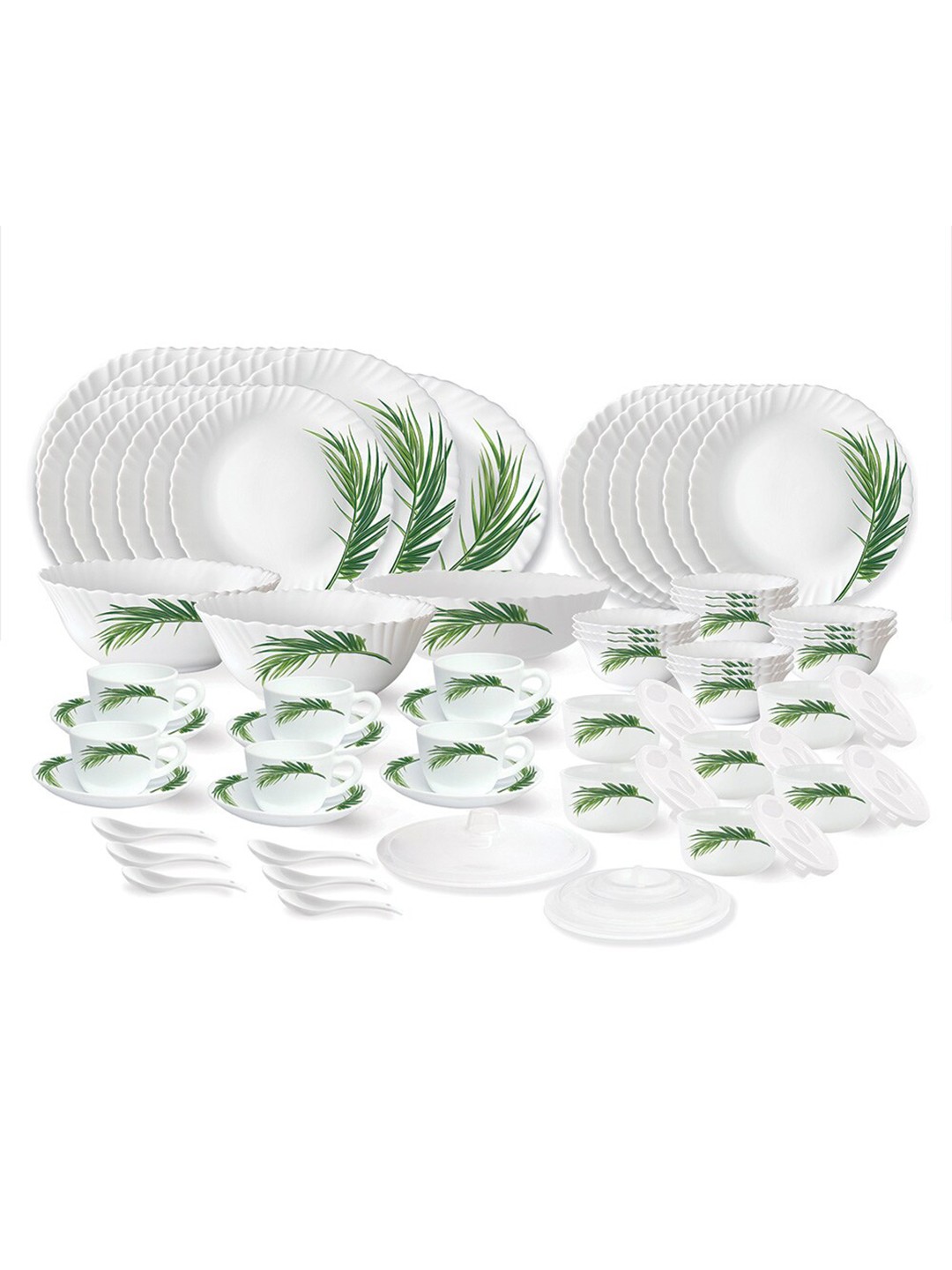 

Larah by BOROSIL Fluted Crescent 66 Pieces White & Green Floral Printed Dinner Set