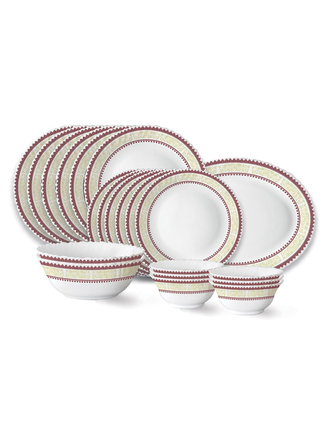 

Larah by BOROSIL White & Maroon 21 Pieces Opalware Matte Dinner Set
