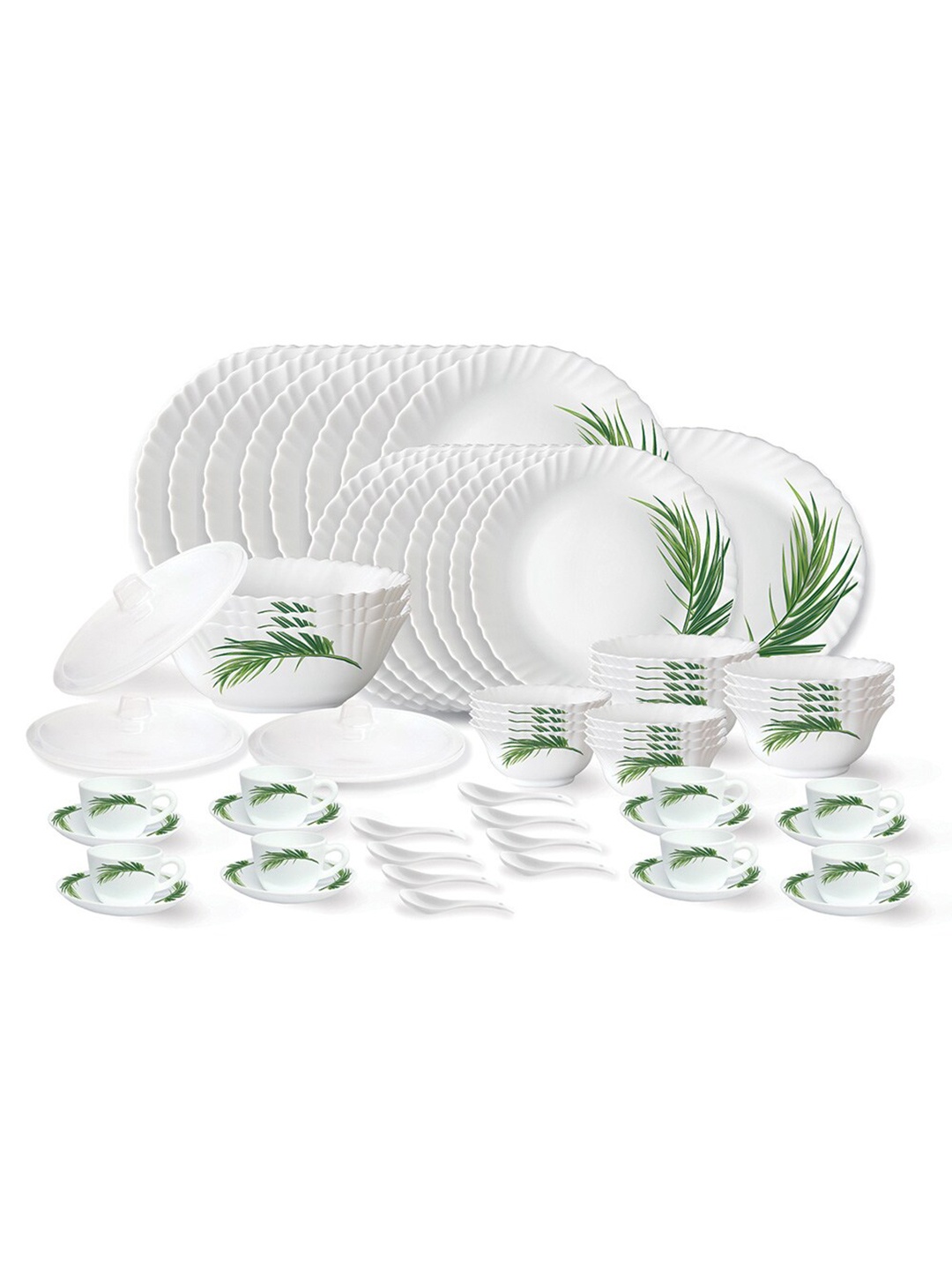 

Larah by BOROSIL Fluted Crescent 36 Pieces White & Green Floral Printed Dinner Set