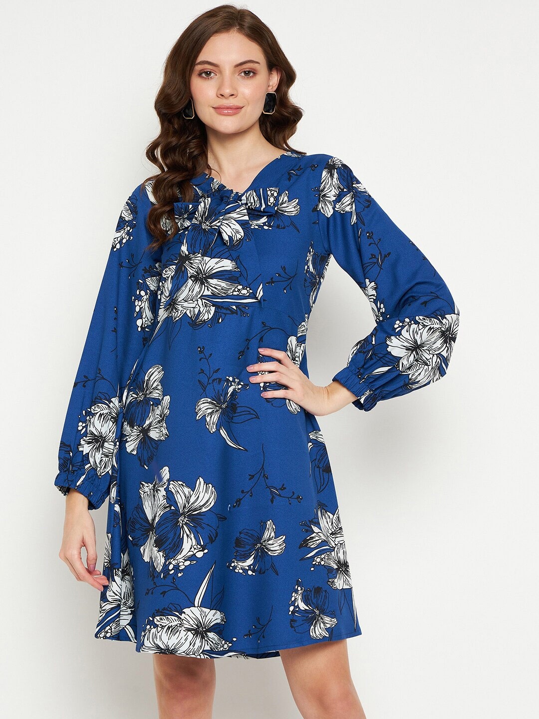 

Fashfun Floral Printed V-Neck Puff Sleeves Bow Detailed A-Line Dress, Blue