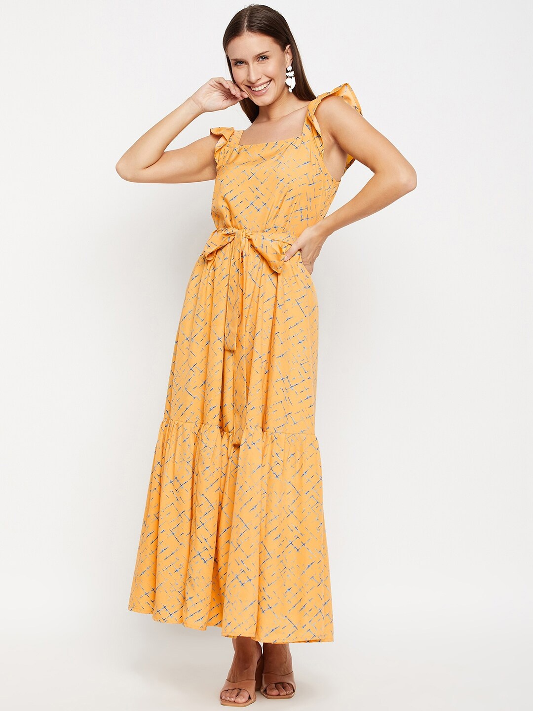 

Fashfun Geometric Printed Square Neck Flutter Sleeves Gathered Detail Maxi Dress With Belt, Yellow