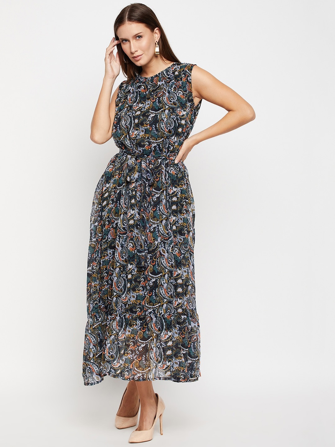 

Fashfun Ethnic Motifs Printed Fit & Flare Midi Dress With Belt, Black