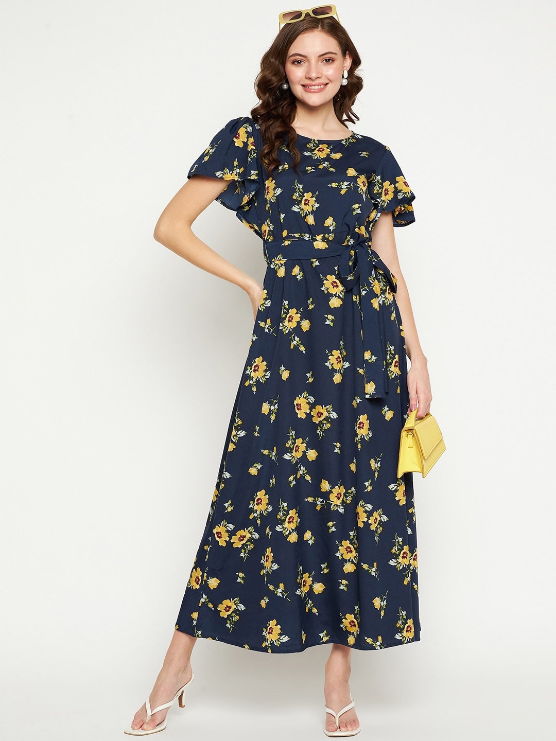 

Fashfun Floral Printed Flutter Sleeve Crepe Maxi Dress, Blue