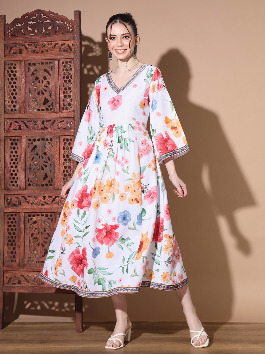 

MADHURAM Floral Printed Bell Sleeves Cotton A-Line Midi Ethnic Dress, White