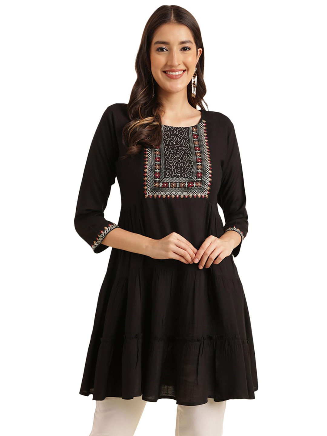 

Nimayaa Floral Embroidered Thread Work A-Line Kurti, Black