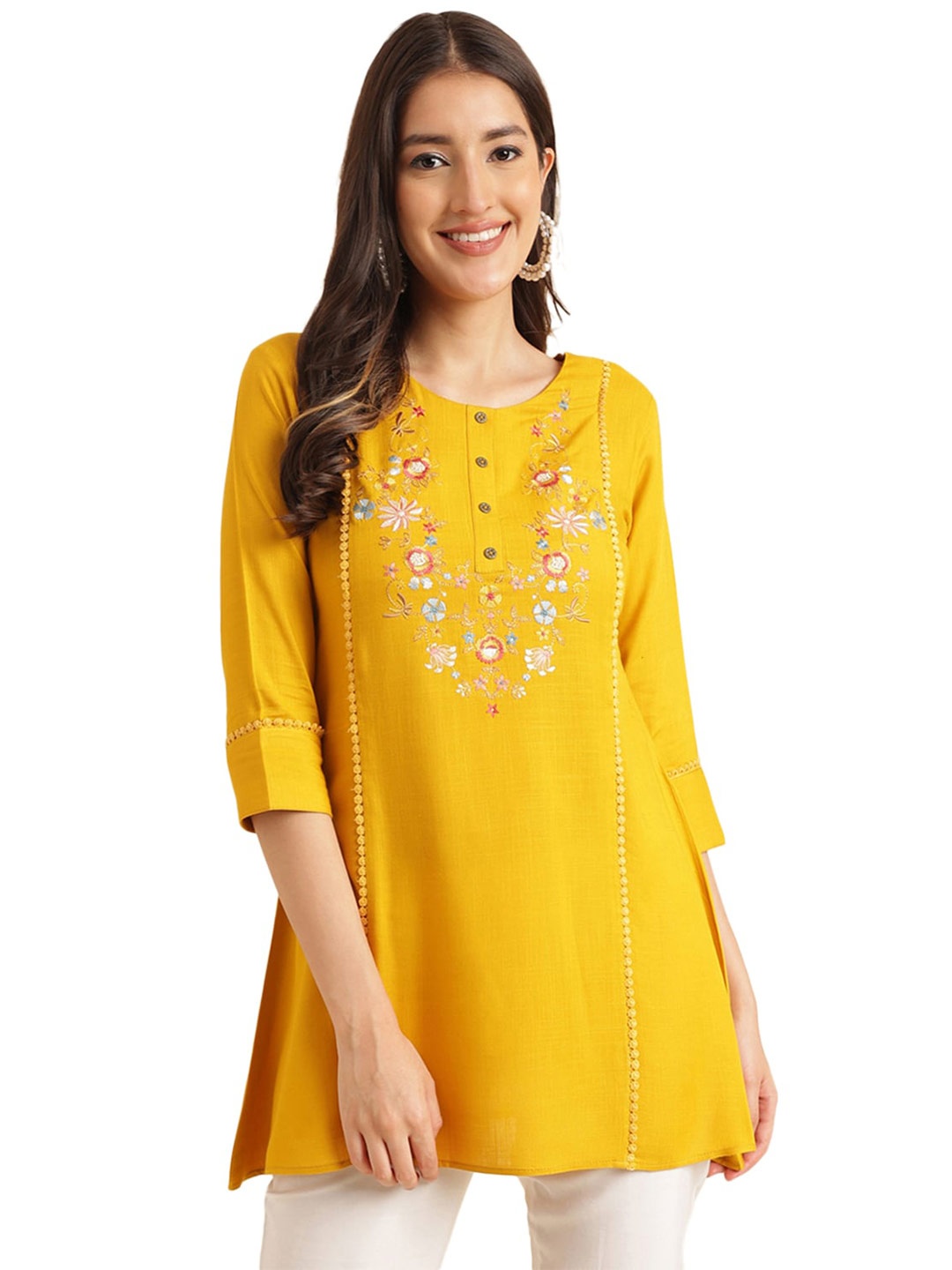 

Nimayaa Floral Embroidered Thread Work A-Line Kurti, Mustard